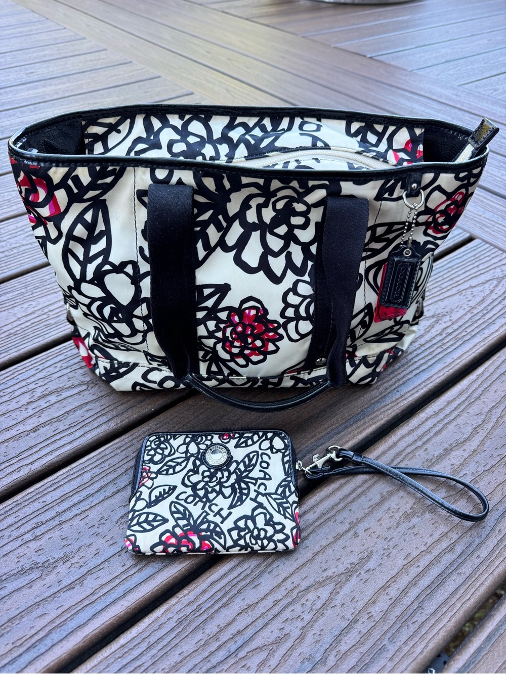 Coach Black & White Floral Tote with Red Accent Wristlet